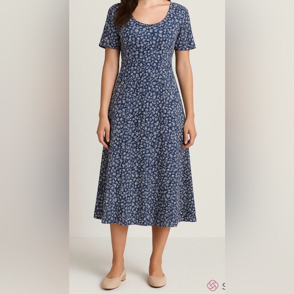 Navy Blue White Ditsy Floral M Cottagecore Feminine Romantic Garden Party Dress